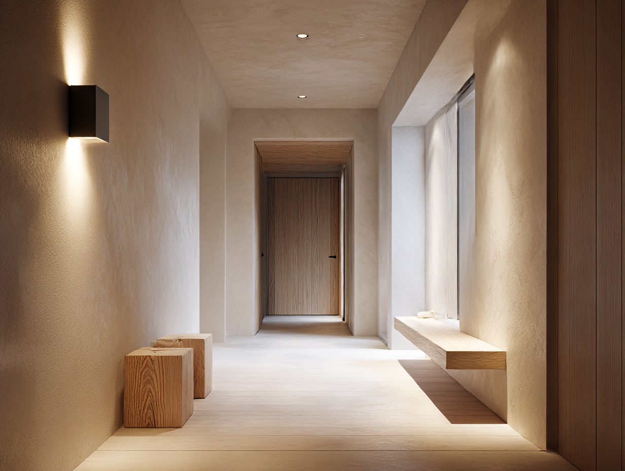 Moderne hal met stucwerk en warme verlichting - NLCO renovatie